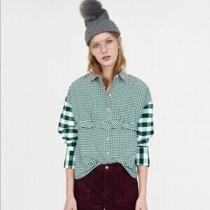Zara Trafaluc Colection Women's Green White Checked Print Blouse Top Size L